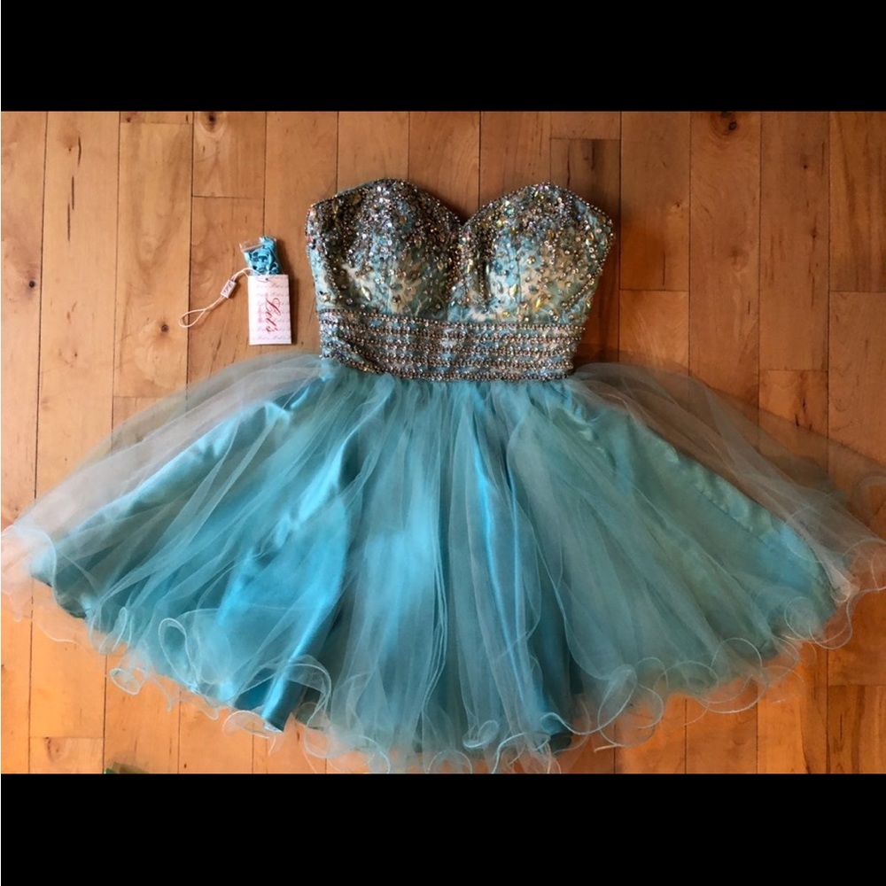 Let’s Fashion Beautiful beaded tulle formal dress XS 0 aqua prom dress